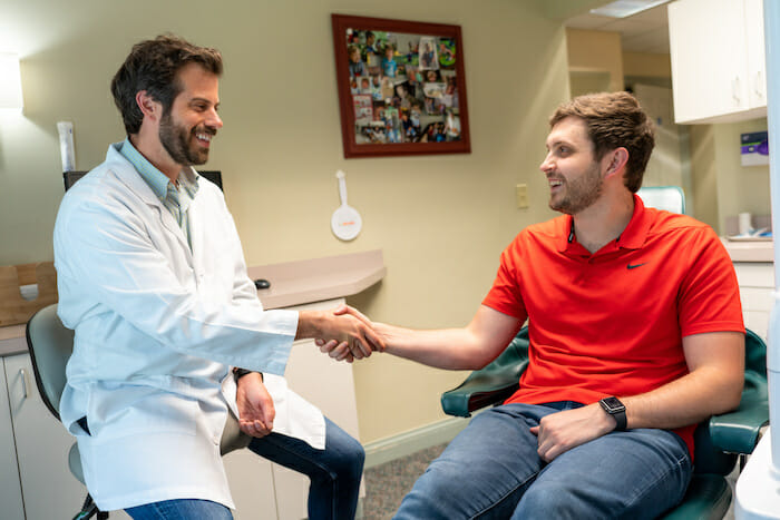 dr, leffler greets a new patient at creekside